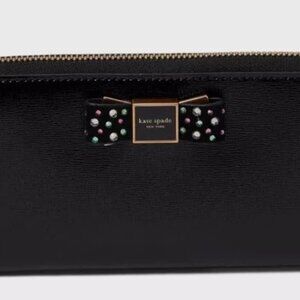 Kate Spade Bedazzled Morgan Bow Leather Zip Around Continental Wallet Black New